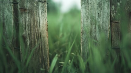 A weathered wooden fence standing amidst tall, lush green grass, capturing a sense of nature's tranquility and the beauty of rustic simplicity in an outdoor setting.