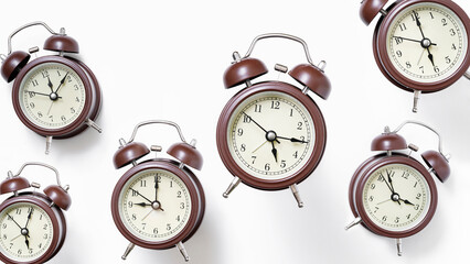Random pattern of alarm clocks on a white background