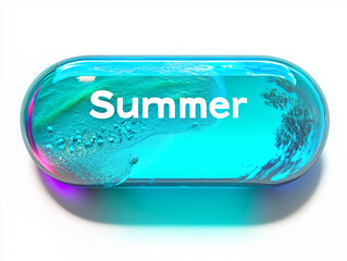 Summer inside a pill shaped glass button showing tropical sea