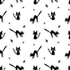 Seamless pattern with witch cats. Happy Halloween. Cute pets in flat style. Abstract texture background