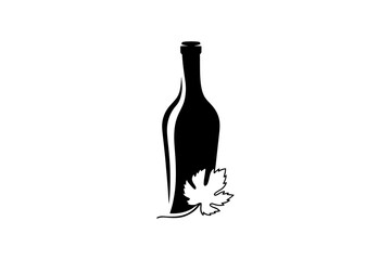 Wine bottle silhouette with grape leaf illustration
