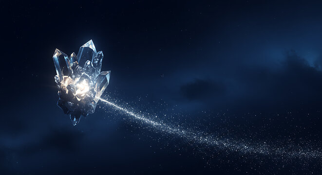 A luminous crystal comet journeys through deep space, its magical core shedding a trail of glowing stardust. Abstract fantasy background with stars and nebulae, symbolizing cosmic energy or a mystical