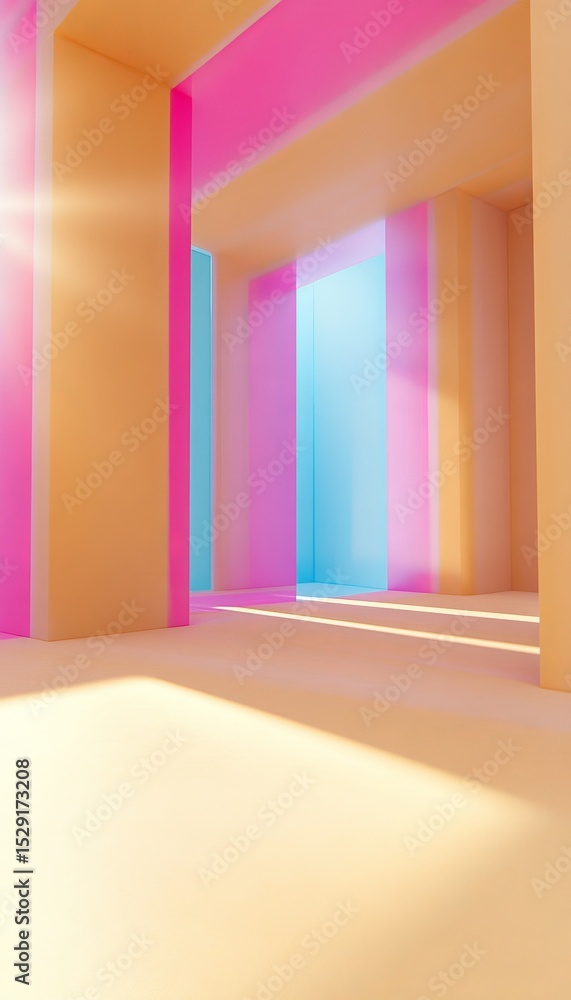 Poster minimalistic pastel abstract render featuring sunlight shadows in an empty studio room space