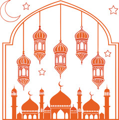 Minimalist Orange Lanterns Hanging from Arches in Arabic Style