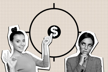 Creative 3D photo collage trend artwork template of silhouette two young lady smile focus dollars...