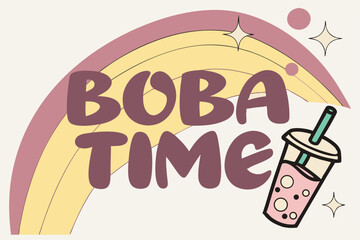 Fun boba time logo with bubbly brown drink design