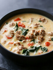 Creamy italian wedding soup with sausage, spinach, and carrots