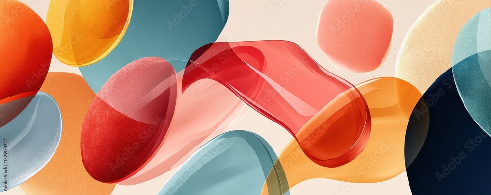 Poster Modern abstract background with colorful overlapping 3D shapes in soft tones