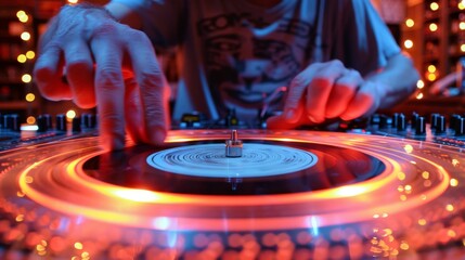 A DJ skillfully mixes tracks at a lively nightclub, surrounded by glowing lights, showcasing the pulse of music, nightlife, and vibrant energy of urban entertainment.