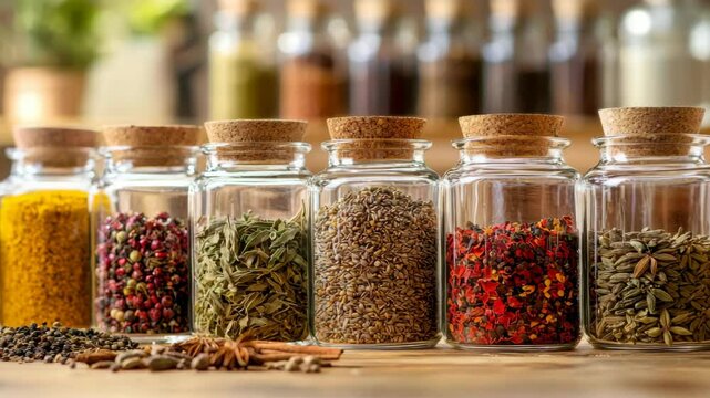 Vibrant spice jars in sunlit kitchen: capturing flavorful ingredients in artistic arrangement