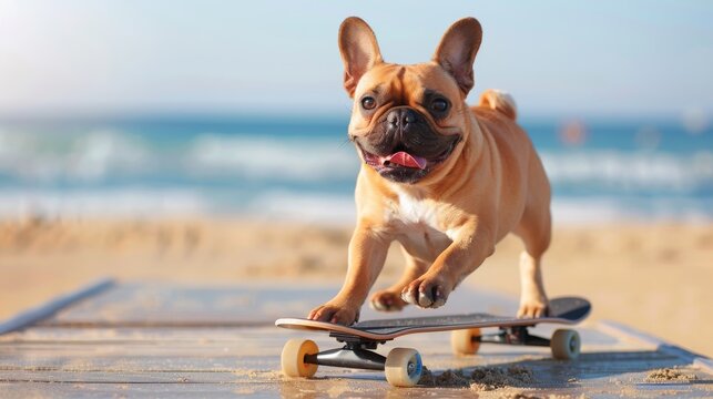 A playful French Bulldog confidently skateboards on a sunny beach, capturing the essence of joy, freedom, and outdoor adventure in a vibrant seaside setting. - Powered by Adobe