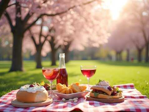 Enjoying a spring picnic under cherry blossoms in a sunny park with delicious food and drinks