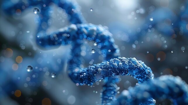 This stunning image captures a close-up of a blue DNA helix, highlighting its intricate structure and the essence of life at a molecular level in a vibrant environment.