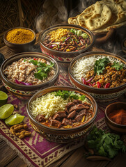 Fototapeta premium Steaming indian food bowls with basmati rice, meat, curry and spices