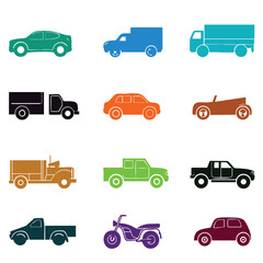 Set of vehicle silhouettes in line art form such as cars, motorbikes, trucks and pick-ups