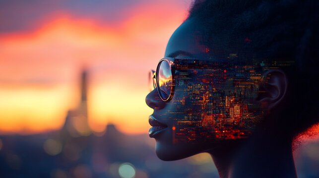 A woman's profile at sunset, city reflected in her face