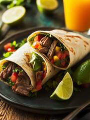 Delicious steak burritos with fresh ingredients and lime wedges