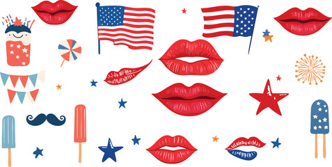 A festive vector set for the 4th of July celebration featuring American flags, bald eagles, Uncle Sam hats, fireworks, beer glasses, and patriotic sunglasses. Perfect for party invites and event poste