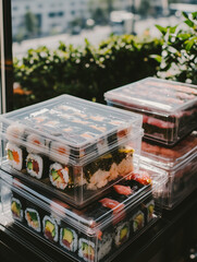 Plastic containers filled with sushi and ready for delivery service