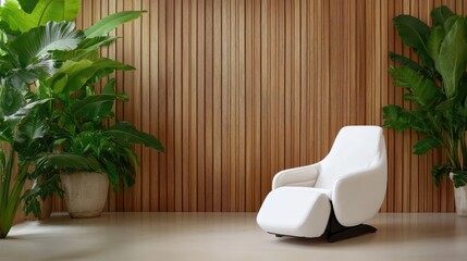 A modern, minimalist white recliner chair in a room with wooden paneling and tropical plants