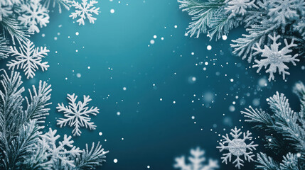 Christmas background with frosty snowflakes and pine branches on blue backdrop, sparkling with snow particles. Elegant seasonal winter frame. Festive design.