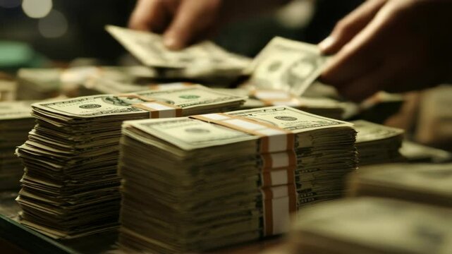 Counting and organizing bundles of cash on a table with precision and focus