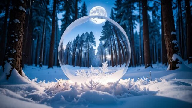 Forest landscape in glass sphere with snow covered trees and moon reflecting winter fantasy