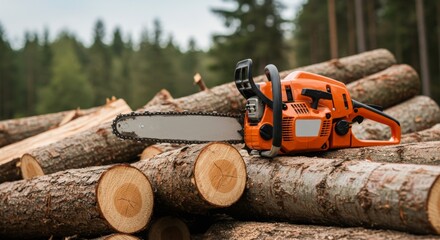chainsaw lies on the wood
