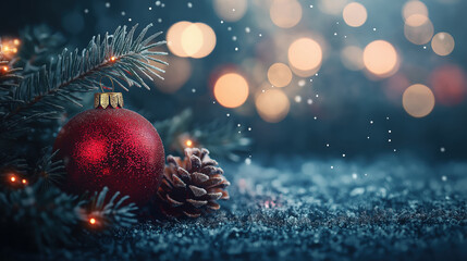 Christmas red bauble and pinecone resting on frosty ground with snowflakes and bokeh lights in the background. Festive and elegant winter holiday scene.