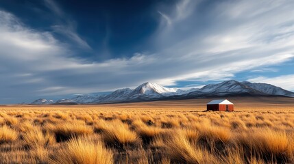 A solitary red cabin surrounded by golden grass against a backdrop of snow-capped mountains and a dramatic sky, capturing the beauty of nature's simplicity and grandeur.