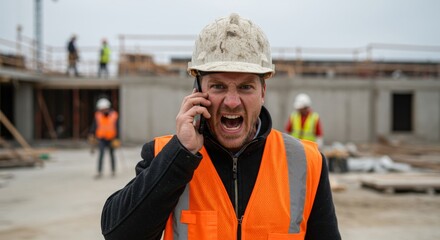 angry foreman at construction site yelling into phone