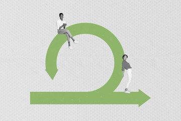 Template sketch trend artwork 3D photo collage of two young lady colleagues stand different arrow...