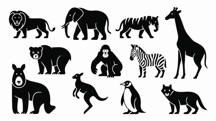 Naklejka premium Wild Animal Silhouette Vector Set Featuring Lion, Elephant, Tiger, and More for Nature and