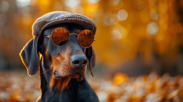 A fashionable dog wearing sunglasses and a hat poses confidently in a park, representing a playful yet sophisticated vibe, blending charm and personal flair beautifully.