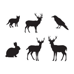 Obraz premium Collection of Deer Rabbit and Crow Silhouettes Woodland Animal Designs Vector