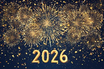 Elegant golden fireworks New Year background with 3D “2026” over navy sky
