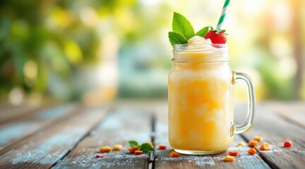 summer holliday beach. Refreshing fruit beverage in a jar with mint and berries on a wooden table, set in a vibrant, outdoor environment.