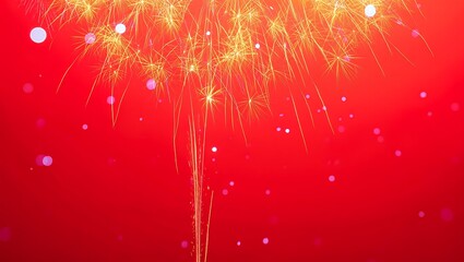 Spectacular Fireworks Display Golden Sparks Against a Vibrant Red Night Sky, Celebration, Light Show, Festive, Event