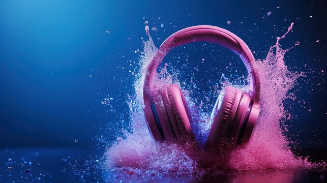 A pair of pink headphones dramatically splashes into a burst of vibrant colors, symbolizing the joyful energy of music and its ability to resonate within us.