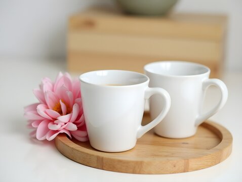 Two white coffee mugs on a wooden tray with a pink flower
