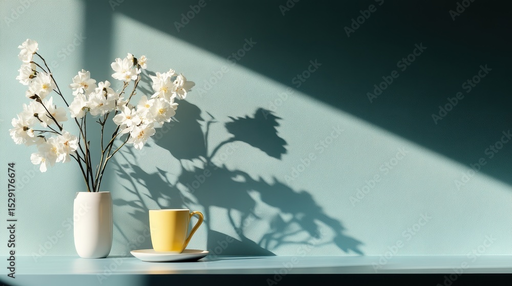 Poster a beautifully arranged minimalist setup featuring a white vase with flowers and a yellow mug, creati