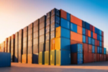 Fototapeta premium Blurry photo of stacks of containers on the harbor dock ready to be lifted onto a ship with an afternoon sunset, blurry harbor.