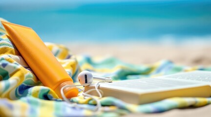 summer holliday beach. Beach essentials including sunscreen, a book, and a colorful towel set against a backdrop of gentle waves and blue skies.