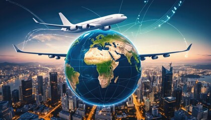 An airplane circling the world while displaying business charts and a cityscape represents international logistics and air travel.