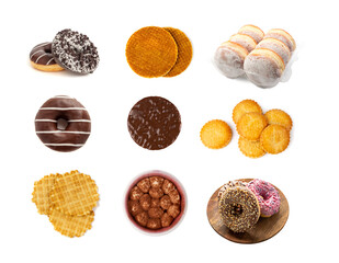 Assorted round cakes set isolated. Many biscuit desserts, sweet circular bakery collage