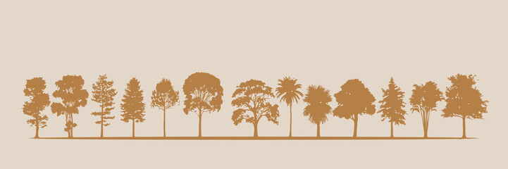 Rows of tree silhouettes standing parallel beside the road. vector illustration