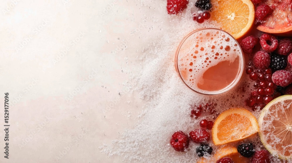 Poster a refreshing fruity beverage is artfully arranged with an array of fresh berries and citrus slices, 