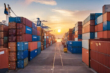 Blurry photo of stacks of containers on the harbor dock ready to be lifted onto a ship with an afternoon sunset, blurry harbor.