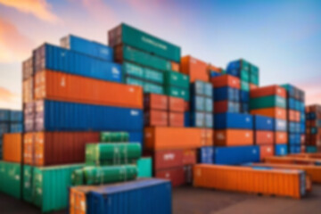 Blurry photo of stacks of containers on the harbor dock ready to be lifted onto a ship with an afternoon sunset, blurry harbor.