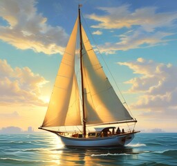 Fototapeta premium Illustration of sailboat yaht in calm ocean with island and sunrise.